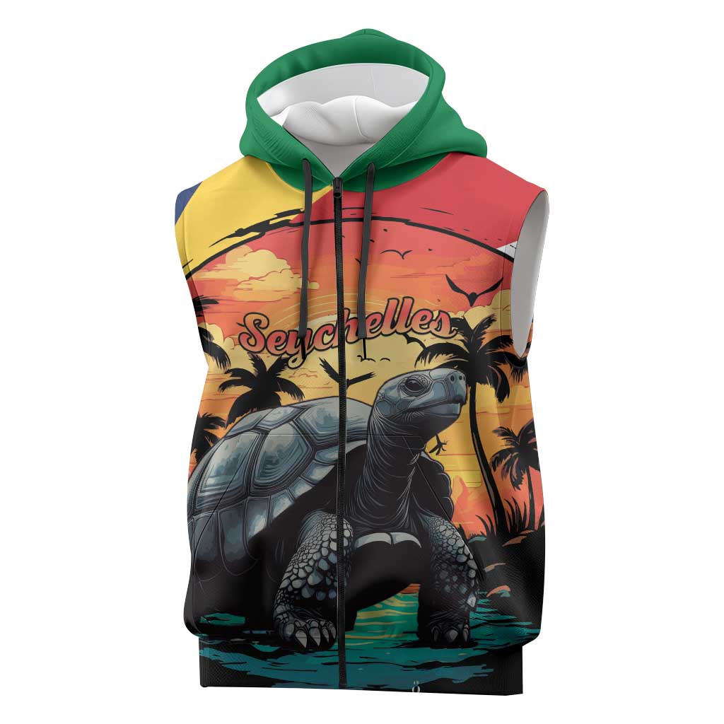 Personalised Afro Seychelles Sleeveless Zip Hoodie Aldabra Giant Tortoise With Beach Sunset - African Pride