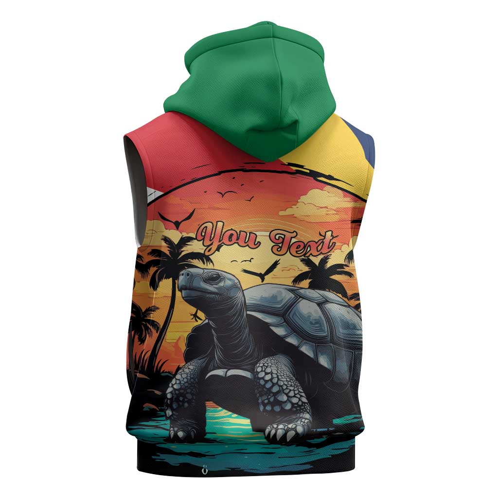 Personalised Afro Seychelles Sleeveless Zip Hoodie Aldabra Giant Tortoise With Beach Sunset - African Pride