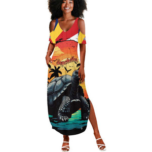 Personalised Afro Seychelles Summer Maxi Dress Aldabra Giant Tortoise With Beach Sunset