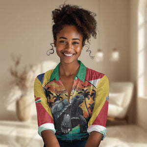 Personalised Afro Seychelles Women Casual Shirt Aldabra Giant Tortoise With Beach Sunset