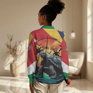 Personalised Afro Seychelles Women Casual Shirt Aldabra Giant Tortoise With Beach Sunset