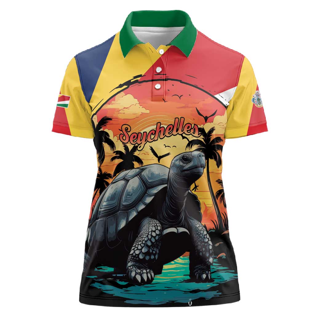 Personalised Afro Seychelles Women Polo Shirt Aldabra Giant Tortoise With Beach Sunset