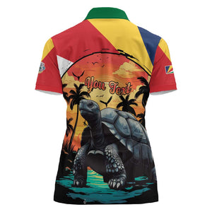 Personalised Afro Seychelles Women Polo Shirt Aldabra Giant Tortoise With Beach Sunset