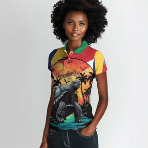 Personalised Afro Seychelles Women Polo Shirt Aldabra Giant Tortoise With Beach Sunset