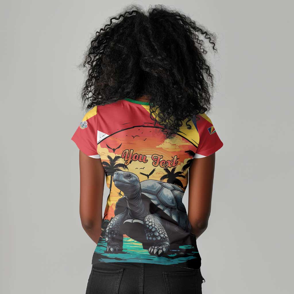 Personalised Afro Seychelles Women V-Neck T-Shirt Aldabra Giant Tortoise With Beach Sunset