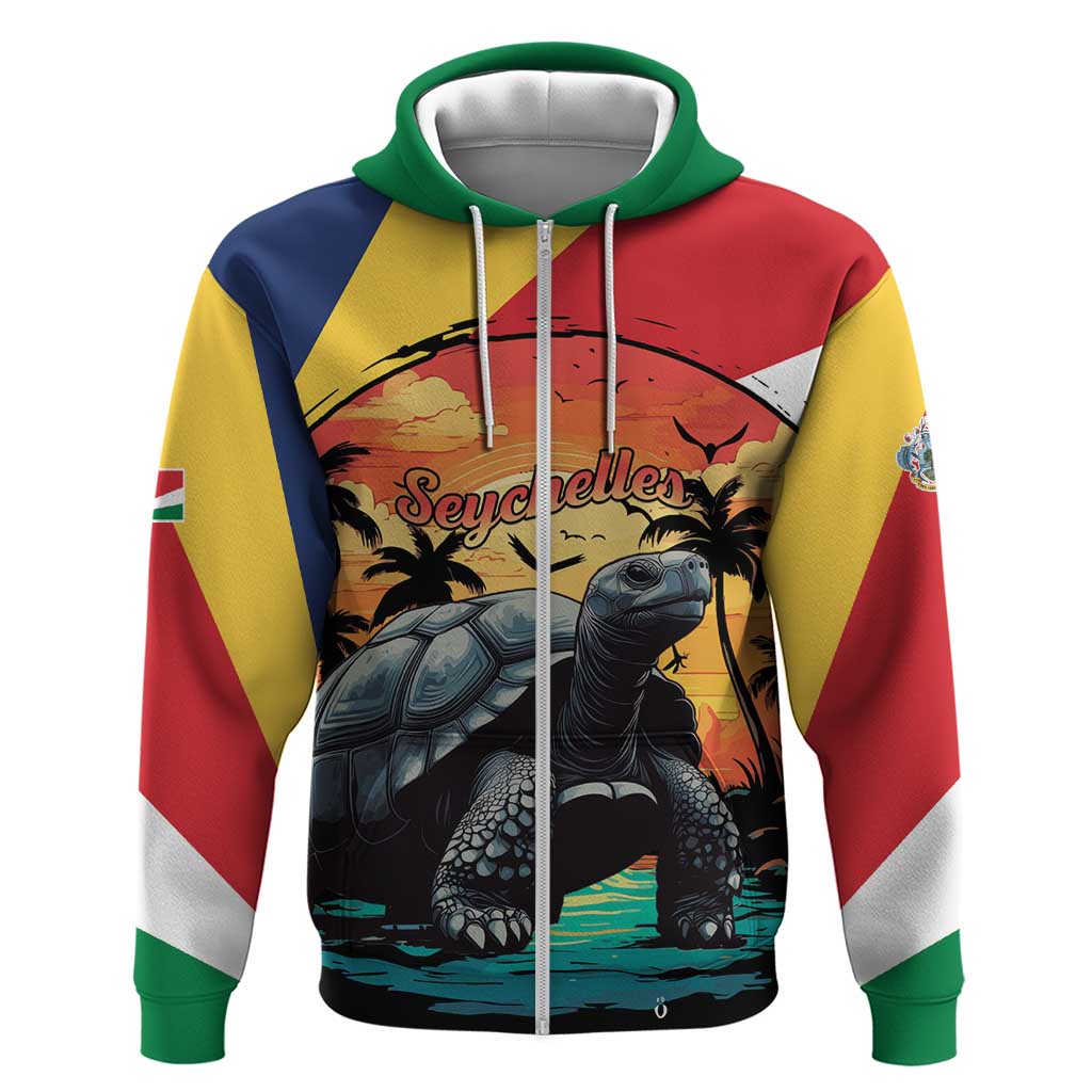 Personalised Afro Seychelles Zip Hoodie Aldabra Giant Tortoise With Beach Sunset