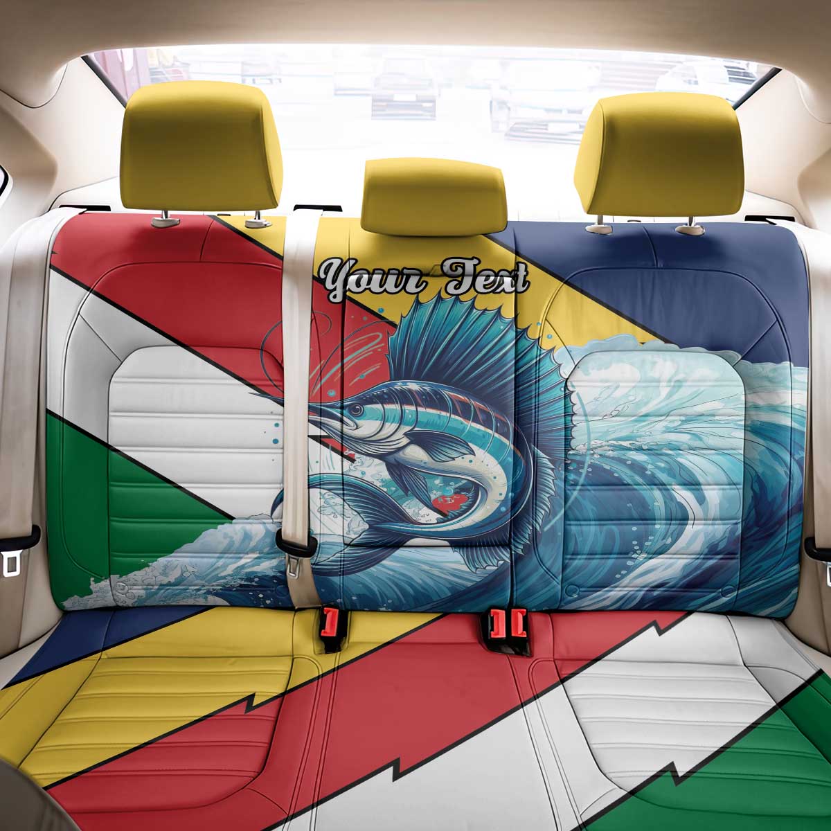 Personalised Afro Seychelles Back Car Seat Cover Sailfish With Coat Of Arms