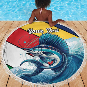 Personalised Afro Seychelles Beach Blanket Sailfish With Coat Of Arms