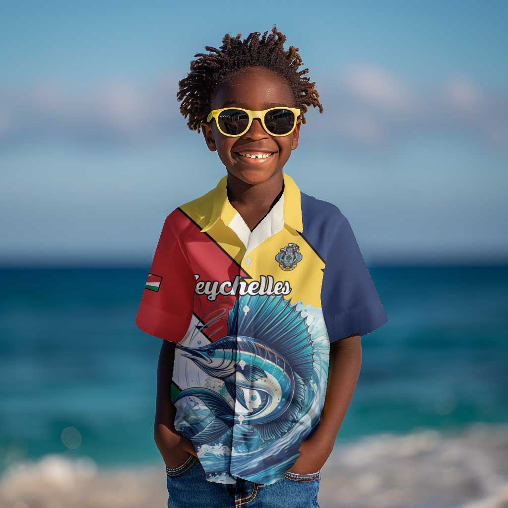 Personalised Afro Seychelles Kid Hawaiian Shirt Sailfish With Coat Of Arms