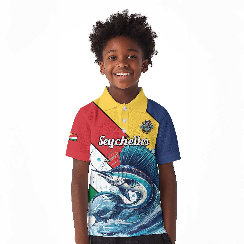 Personalised Afro Seychelles Kid Polo Shirt Sailfish With Coat Of Arms