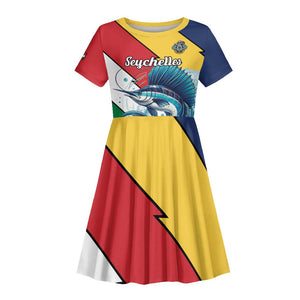 Personalised Afro Seychelles Kid Short Sleeve Dress Sailfish With Coat Of Arms