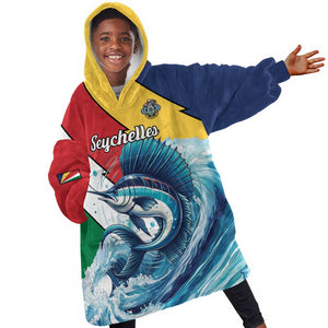 Personalised Afro Seychelles Kid Wearable Blanket Hoodie Sailfish With Coat Of Arms