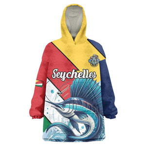 Personalised Afro Seychelles Kid Wearable Blanket Hoodie Sailfish With Coat Of Arms