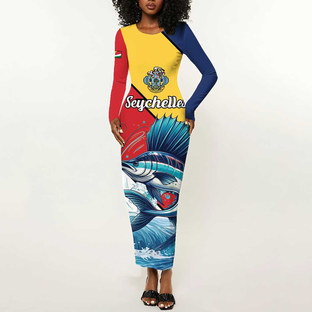 Personalised Afro Seychelles Long Sleeve Bodycon Dress Sailfish With Coat Of Arms