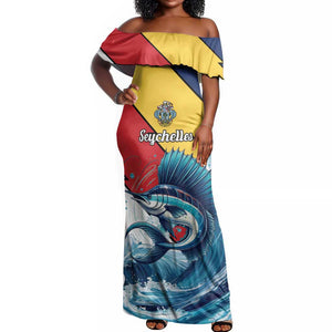 Personalised Afro Seychelles Off Shoulder Maxi Dress Sailfish With Coat Of Arms