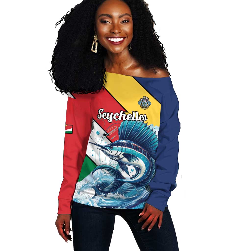 Personalised Afro Seychelles Off Shoulder Sweater Sailfish With Coat Of Arms