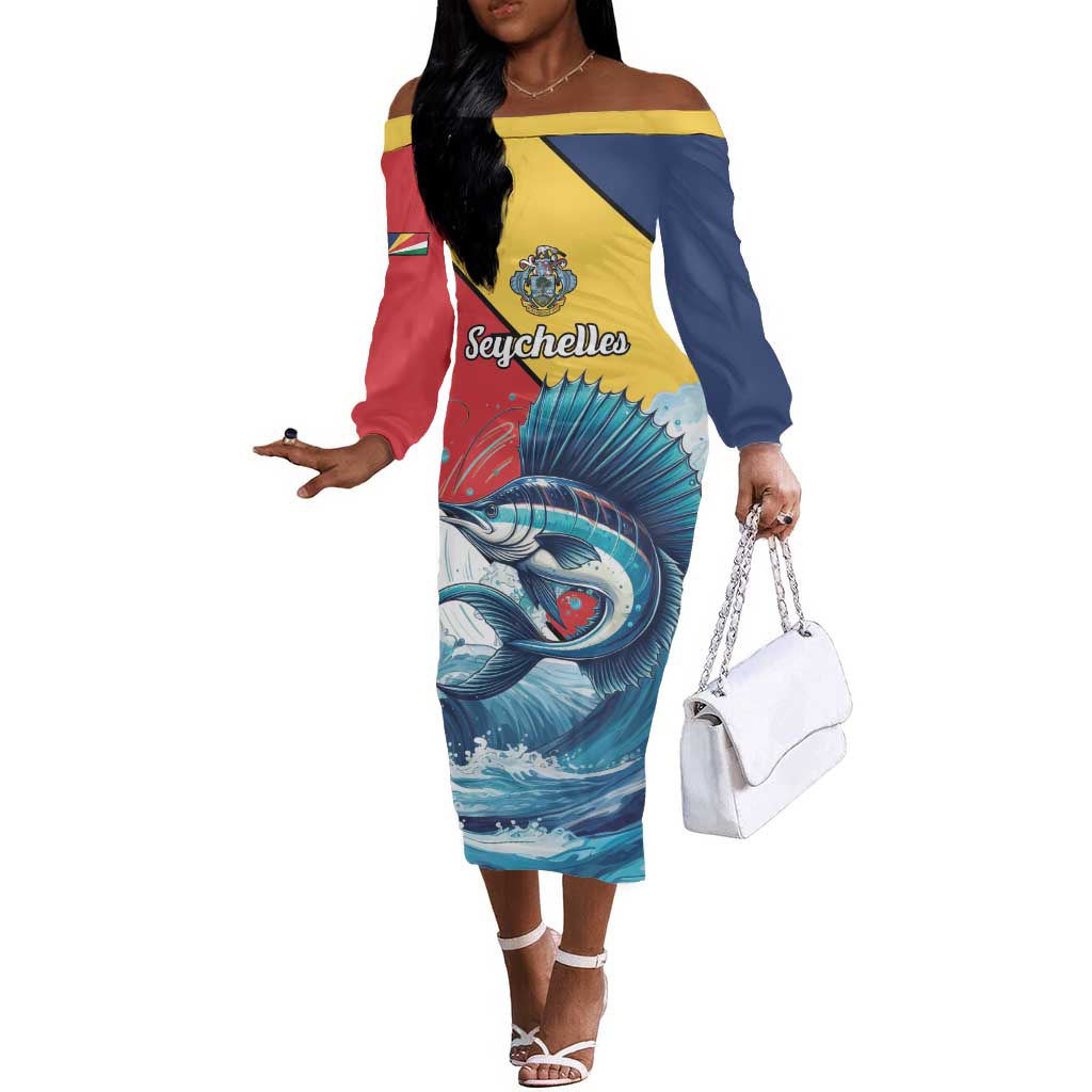 Personalised Afro Seychelles Off The Shoulder Long Sleeve Dress Sailfish With Coat Of Arms