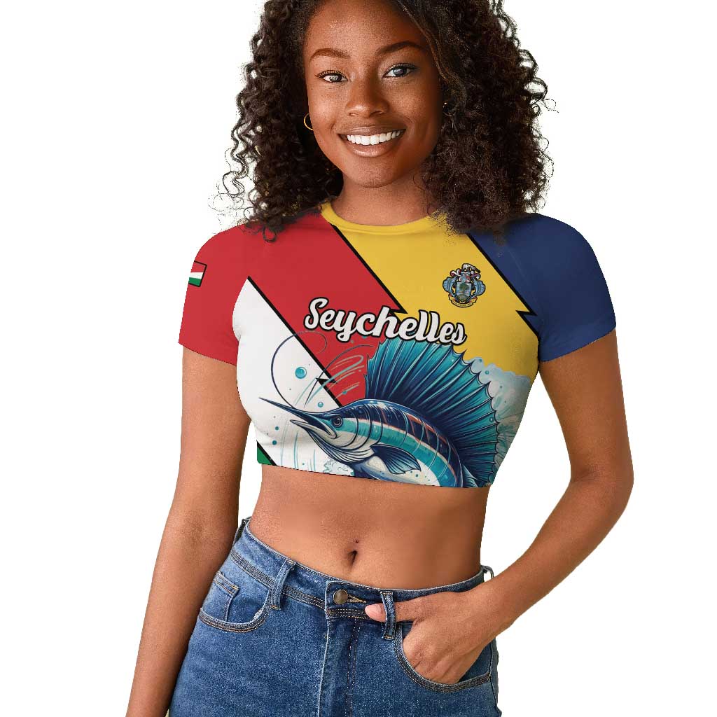 Personalised Afro Seychelles Raglan Cropped T shirt Sailfish With Coat Of Arms