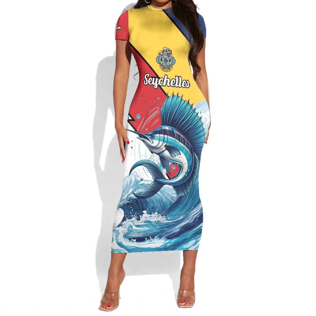 Personalised Afro Seychelles Short Sleeve Bodycon Dress Sailfish With Coat Of Arms