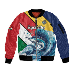 Personalised Afro Seychelles Sleeve Zip Bomber Jacket Sailfish With Coat Of Arms