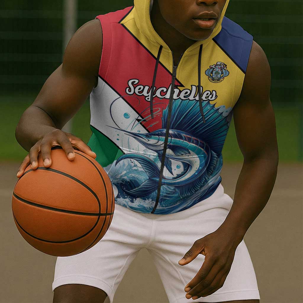 Personalised Afro Seychelles Sleeveless Zip Hoodie Sailfish With Coat Of Arms - African Pride