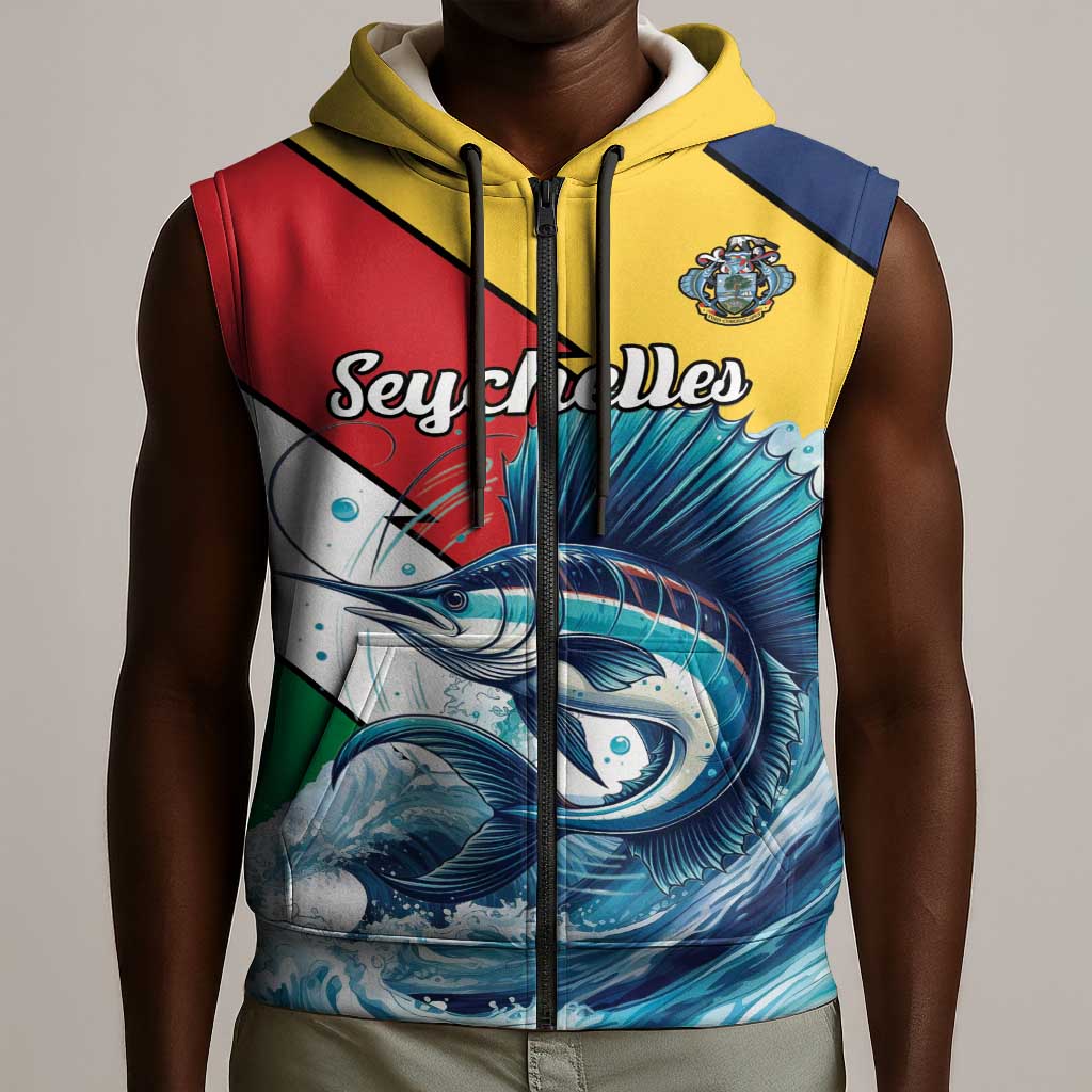 Personalised Afro Seychelles Sleeveless Zip Hoodie Sailfish With Coat Of Arms - African Pride