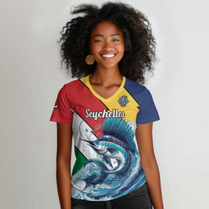 Personalised Afro Seychelles Women V-Neck T-Shirt Sailfish With Coat Of Arms