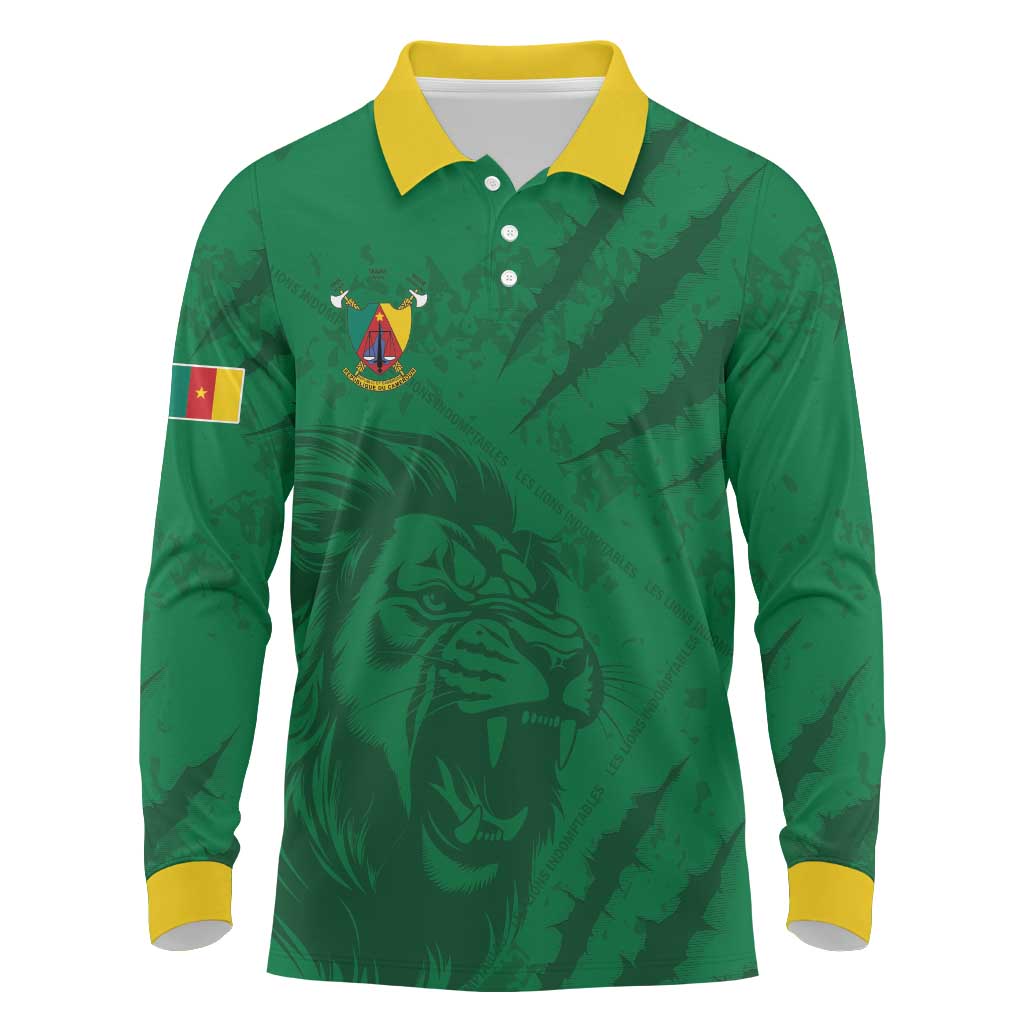 Custom Cameroon Football Long Sleeve Polo Shirt Go Les Lions Indomptables Go - African Pride