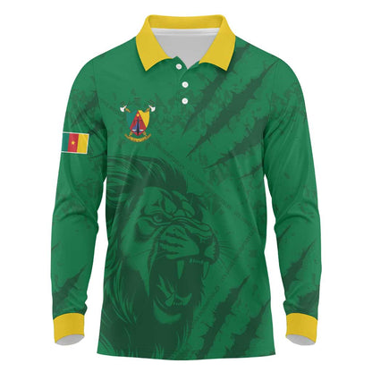 Custom Cameroon Football Long Sleeve Polo Shirt Go Les Lions Indomptables Go - African Pride