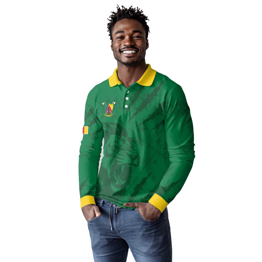 Custom Cameroon Football Long Sleeve Polo Shirt Go Les Lions Indomptables Go - African Pride
