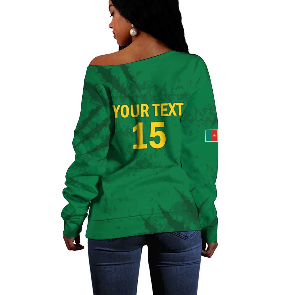 Custom Cameroon Football Off Shoulder Sweater Go Les Lions Indomptables Go - African Pride