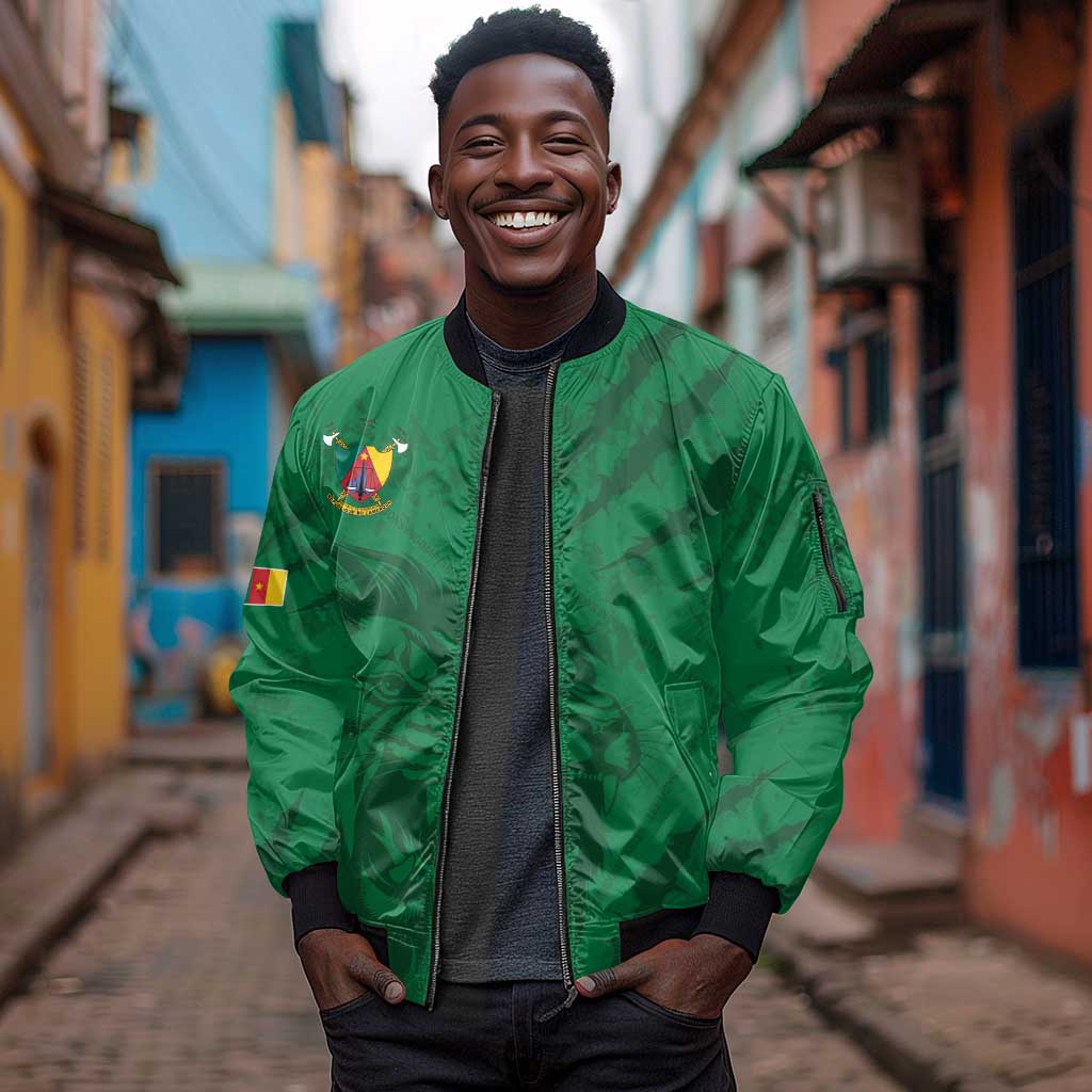Custom Cameroon Football Sleeve Zip Bomber Jacket Go Les Lions Indomptables Go - African Pride