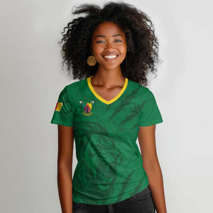 Custom Cameroon Football Women V-Neck T-Shirt Go Les Lions Indomptables Go LT15