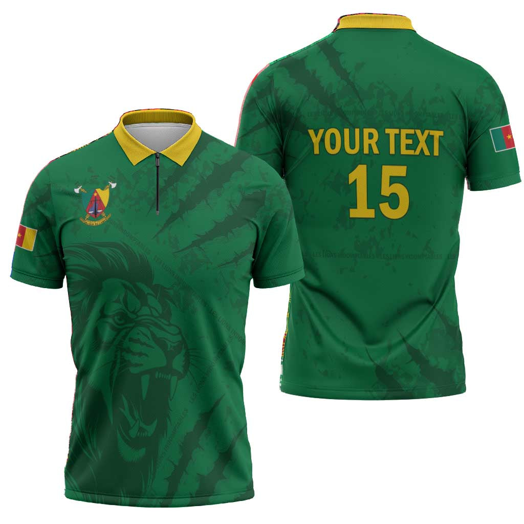 Custom Cameroon Football Zipper Polo Shirt Go Les Lions Indomptables Go - African Pride