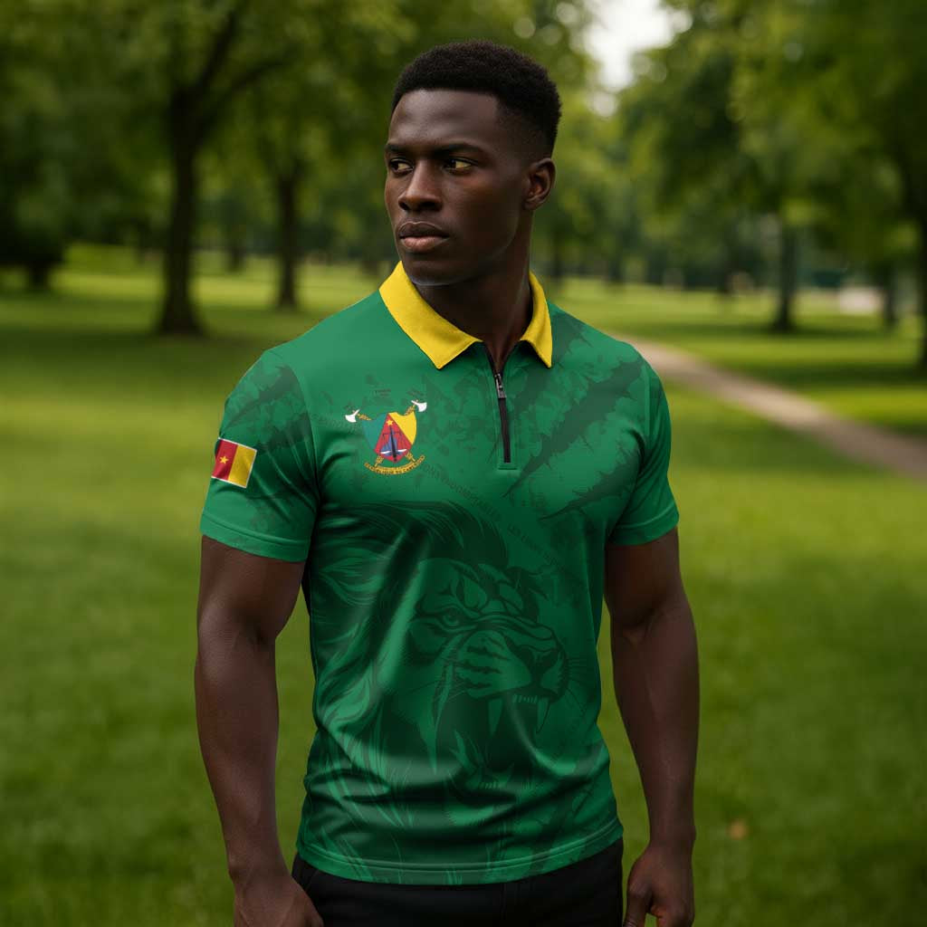 Custom Cameroon Football Zipper Polo Shirt Go Les Lions Indomptables Go - African Pride