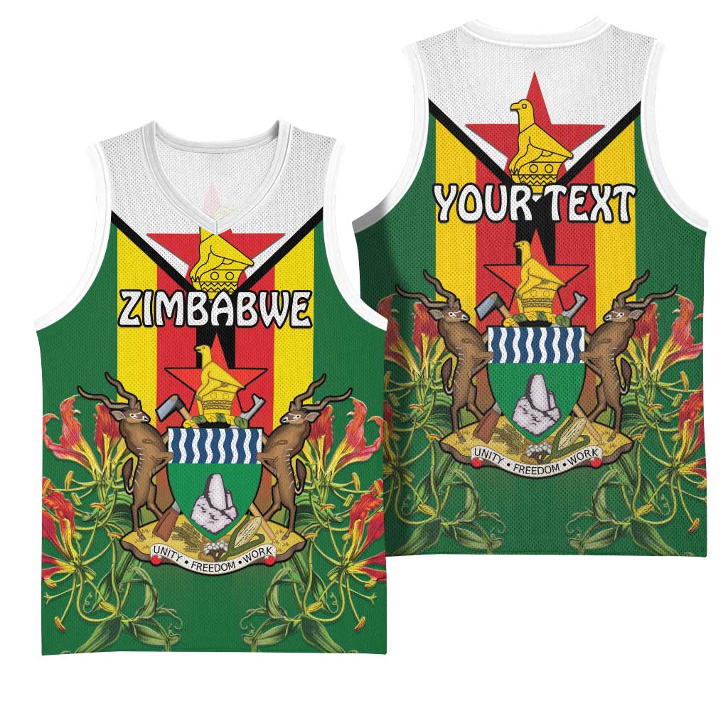 Personalised Zimbabwe Independence Day Basketball Jersey Coat Of Arms Fire Lilies LT15