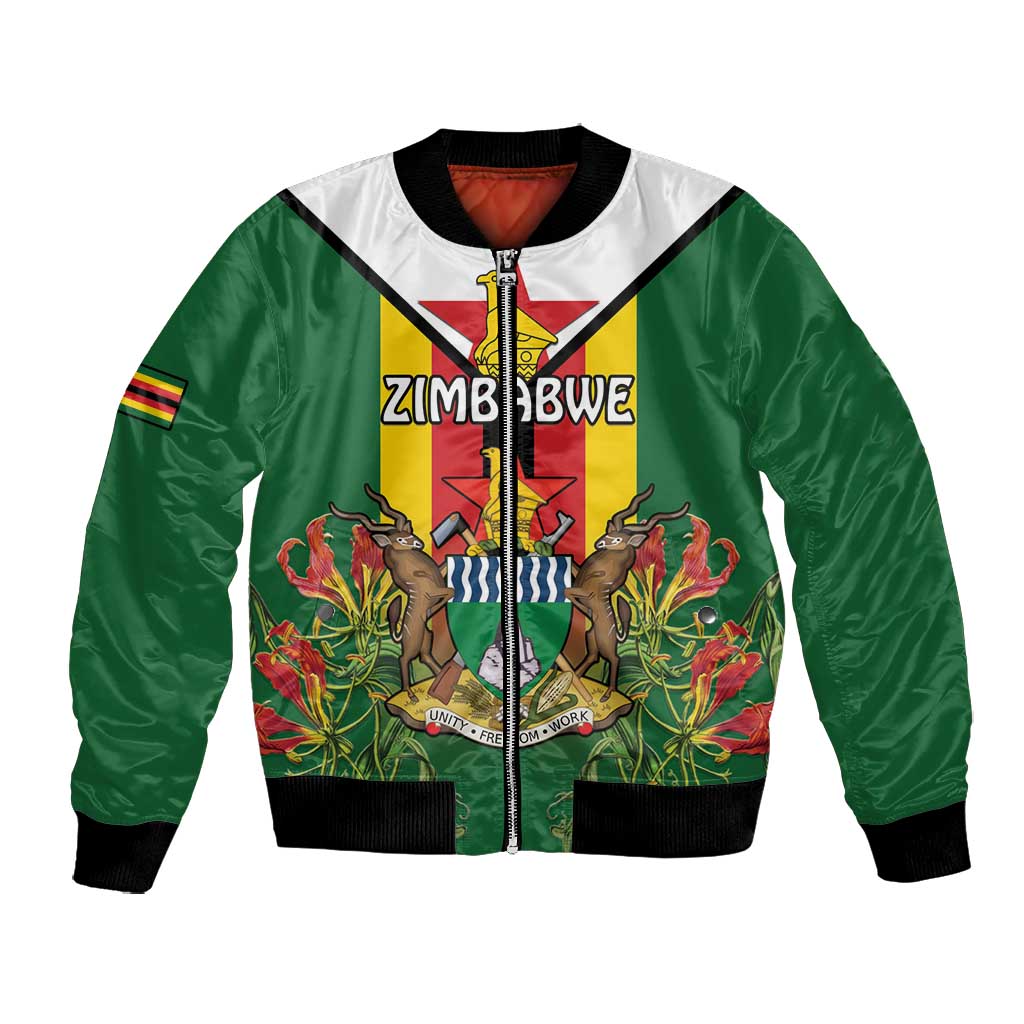 Personalised Zimbabwe Independence Day Bomber Jacket Coat Of Arms Fire Lilies