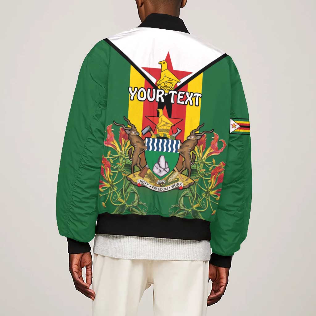 Personalised Zimbabwe Independence Day Bomber Jacket Coat Of Arms Fire Lilies