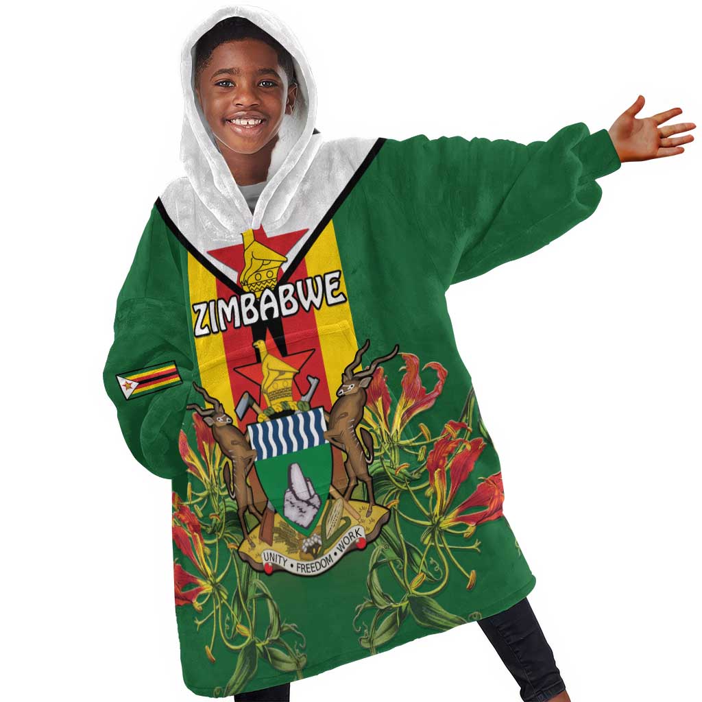 Personalised Zimbabwe Independence Day Kid Wearable Blanket Hoodie Coat Of Arms Fire Lilies