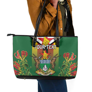 Personalised Zimbabwe Independence Day Leather Tote Bag Coat Of Arms Fire Lilies