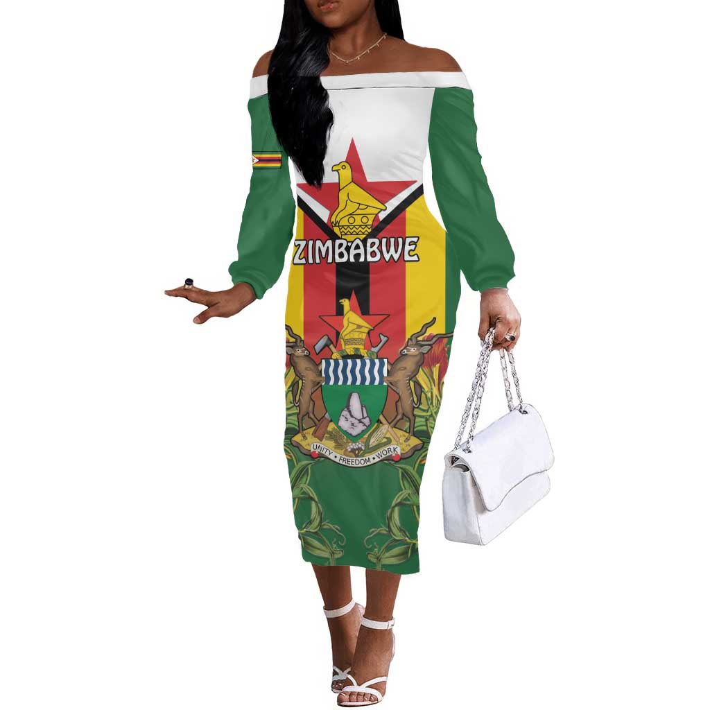 Personalised Zimbabwe Independence Day Off The Shoulder Long Sleeve Dress Coat Of Arms Fire Lilies