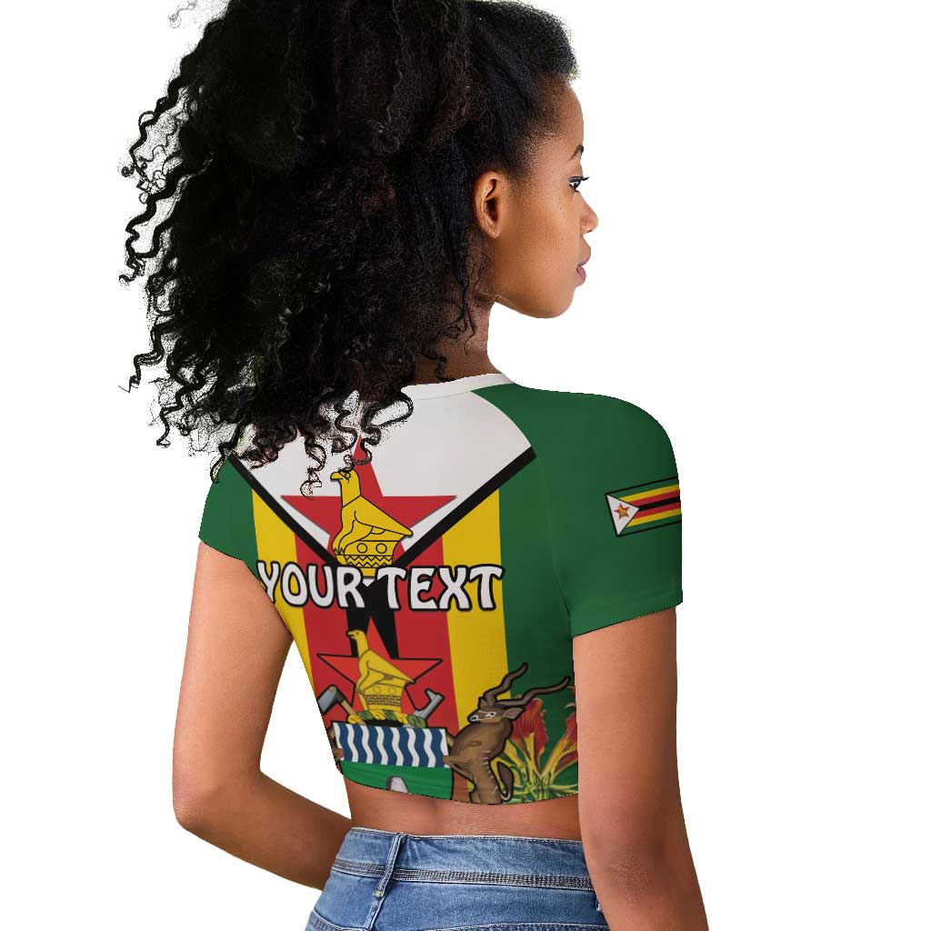 Personalised Zimbabwe Independence Day Raglan Cropped T shirt Coat Of Arms Fire Lilies