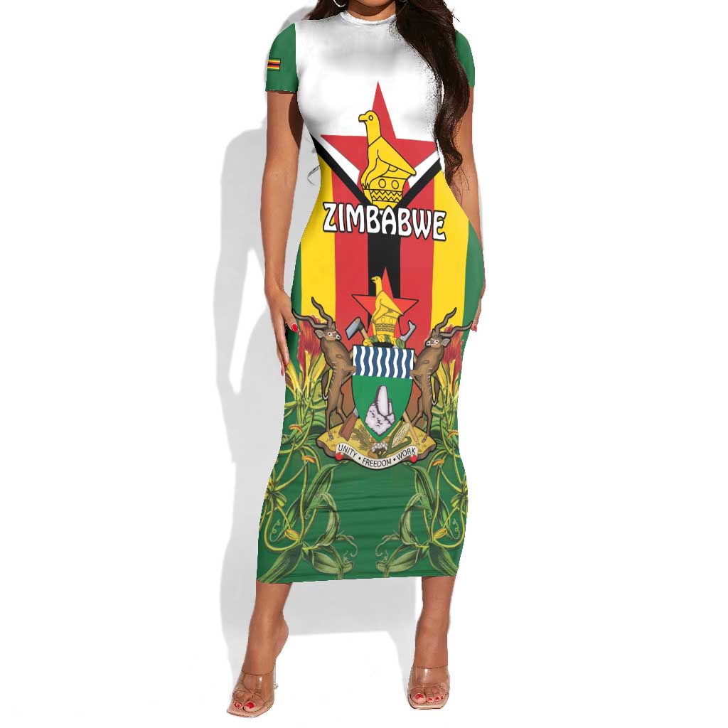 Personalised Zimbabwe Independence Day Short Sleeve Bodycon Dress Coat Of Arms Fire Lilies LT15