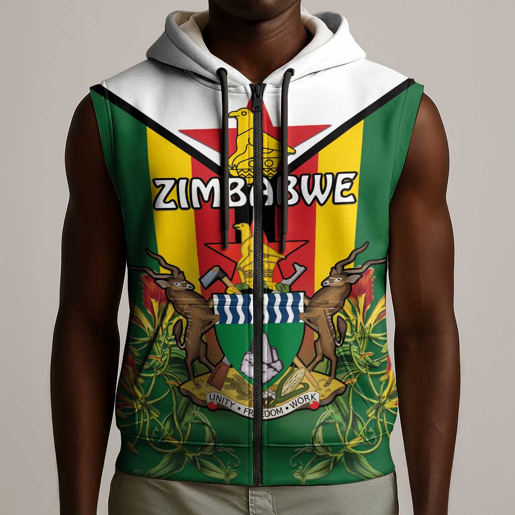 Personalised Zimbabwe Independence Day Sleeveless Zip Hoodie Coat Of Arms Fire Lilies - African Pride