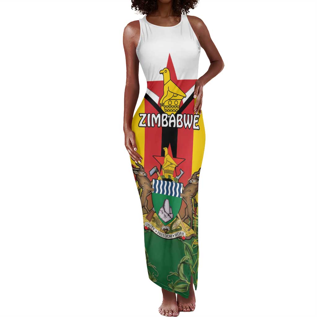 Personalised Zimbabwe Independence Day Tank Maxi Dress Coat Of Arms Fire Lilies