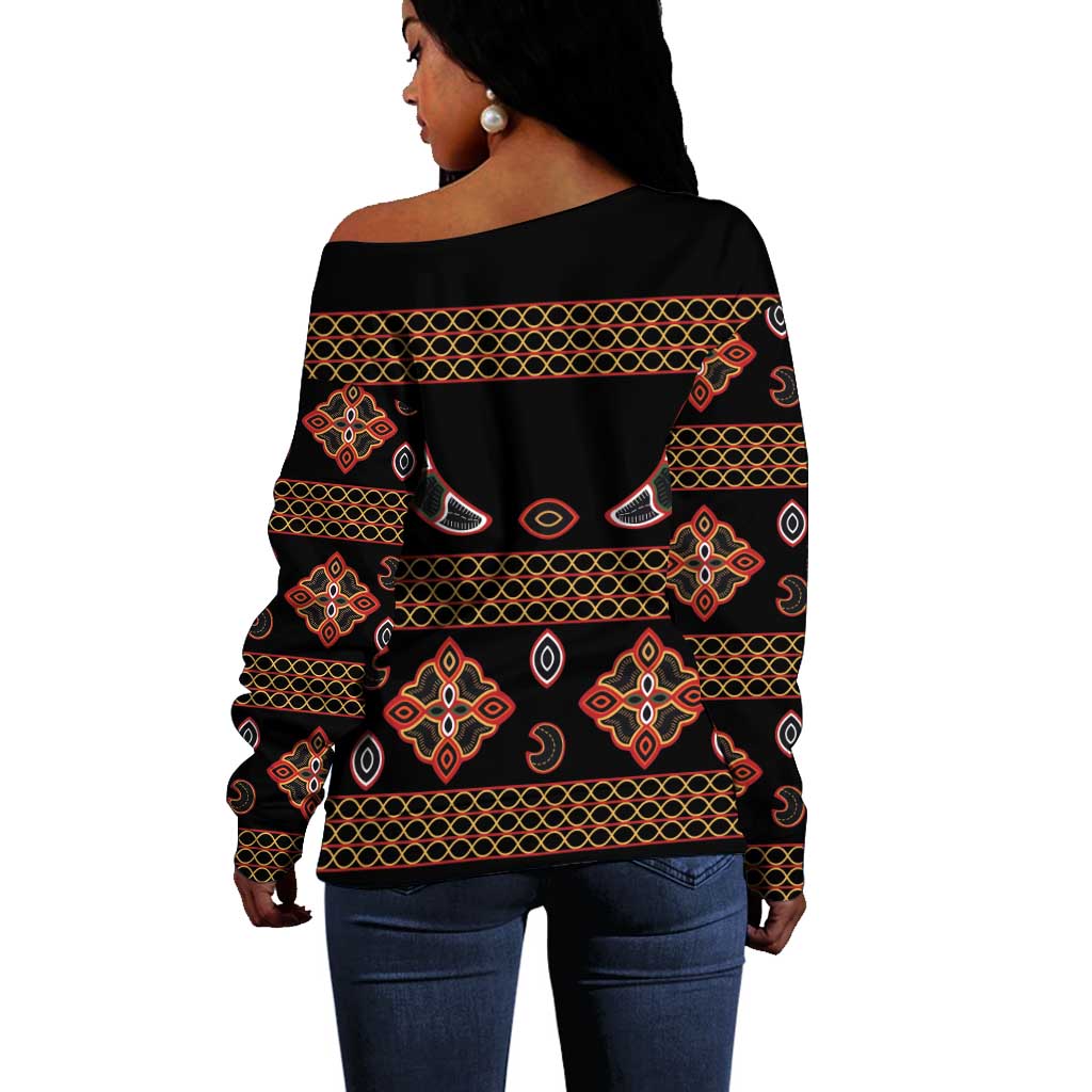 Cameroon Traditional Toghu Pattern Off Shoulder Sweater