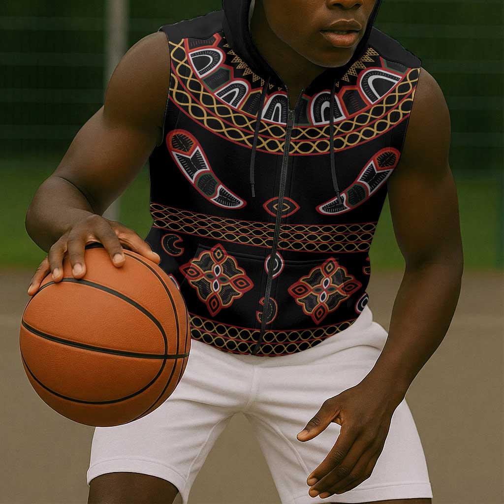 Cameroon Traditional Toghu Pattern Sleeveless Zip Hoodie - African Pride
