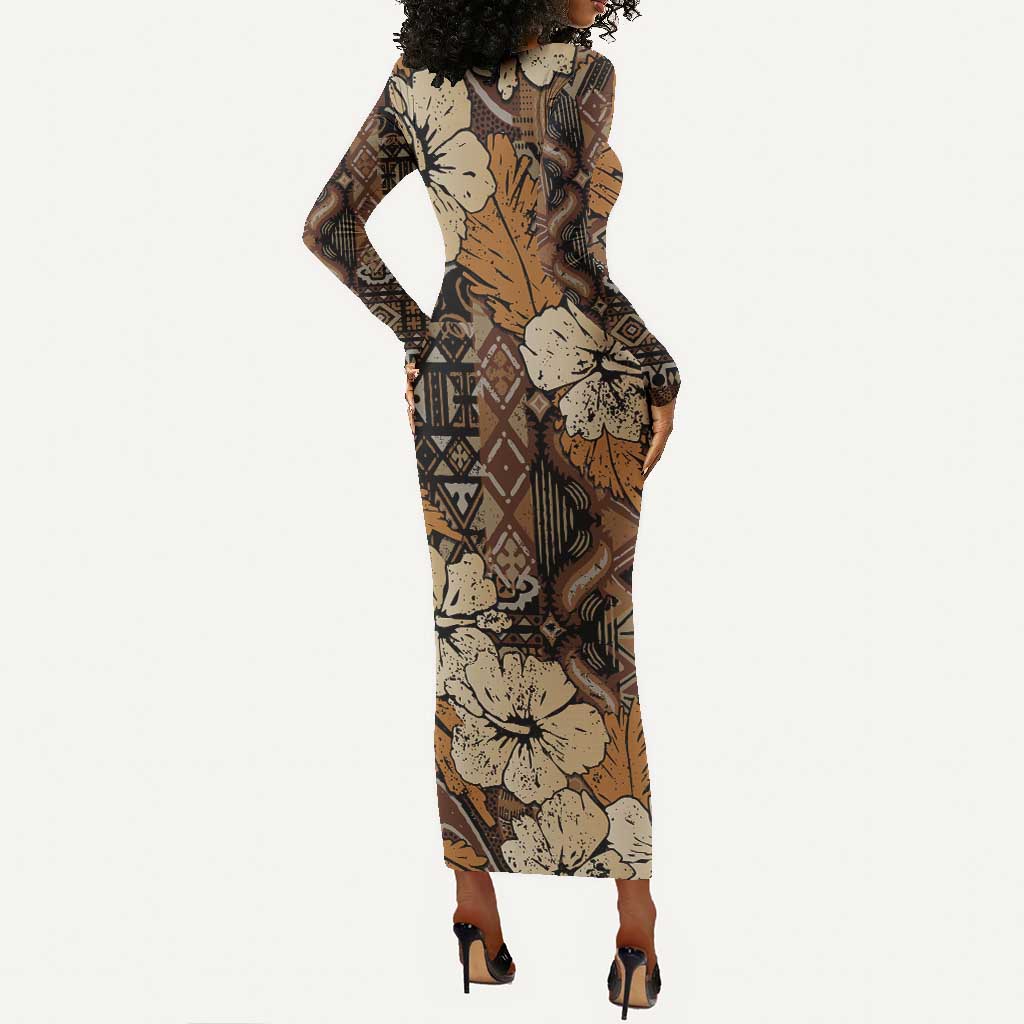 Afro Hibiscus Tropical Long Sleeve Bodycon Dress African Pattern - African Pride