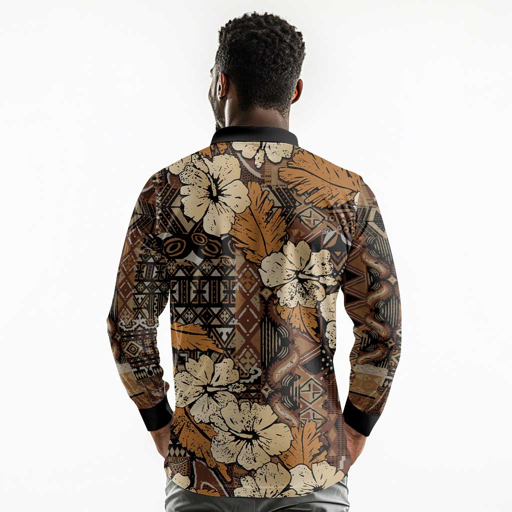 Afro Hibiscus Tropical Long Sleeve Polo Shirt African Pattern - African Pride
