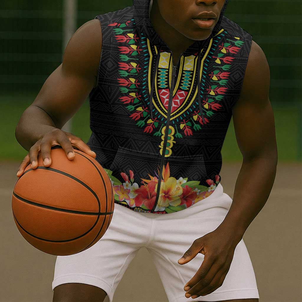 Personalized Afro Hibiscus Tropical Sleeveless Zip Hoodie Dashiki African Pattern - African Pride